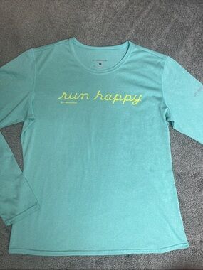 Brooks Run Happy Aqua Long Sleeve Tee with Yellow Script Size Large